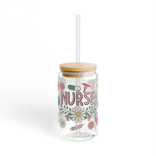 Boho Nurse Glass Can Sipper Glass, 16oz