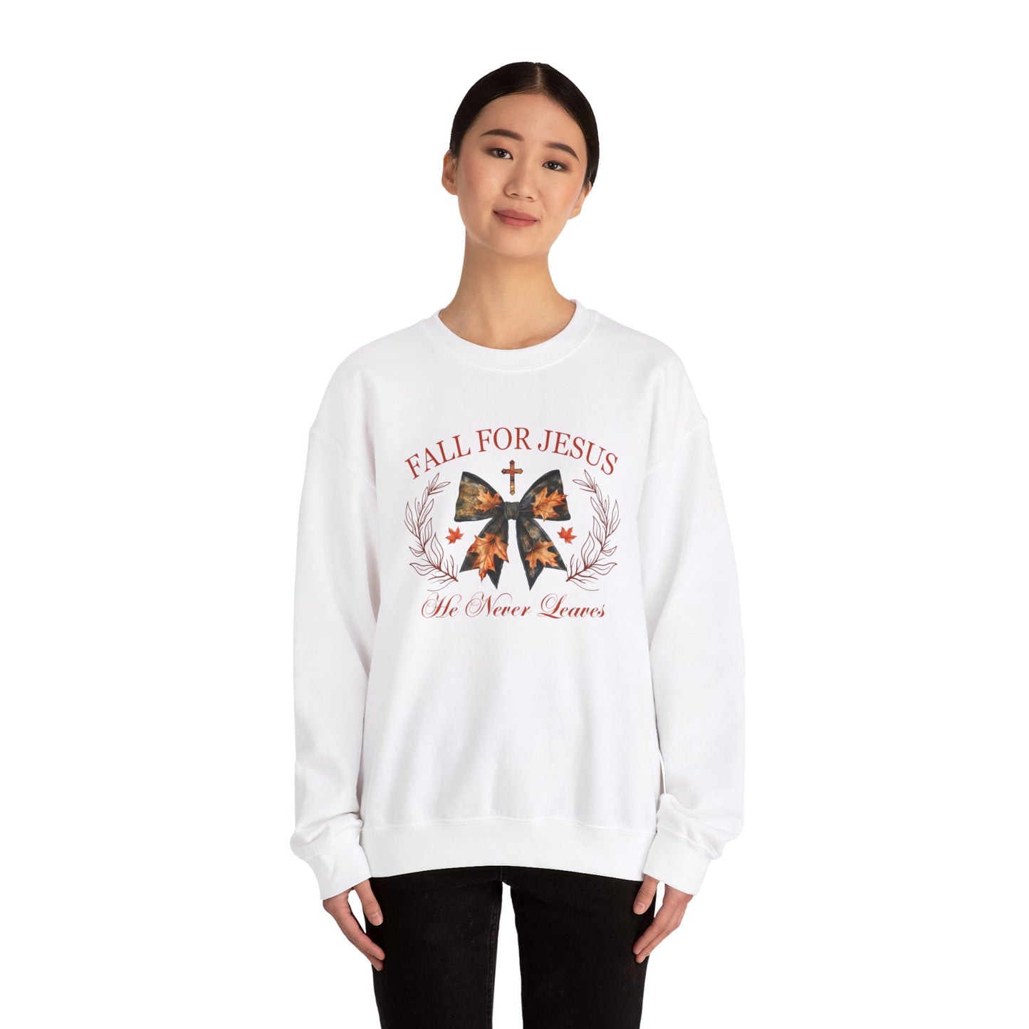 Fall for Jesus He Never Leaves  Sweatshirt, Fall png, Religious Autumn , Thanksgiving , Fall Coquette Bow, Fall Shirt , Autumn Girly