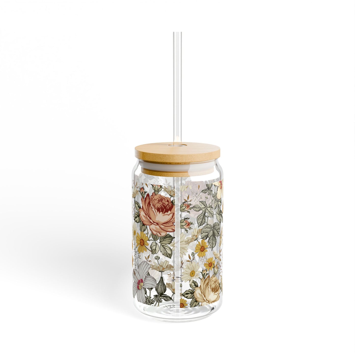 Cute Retro Flowers Trendy Glass Can Sipper Glass, 16oz